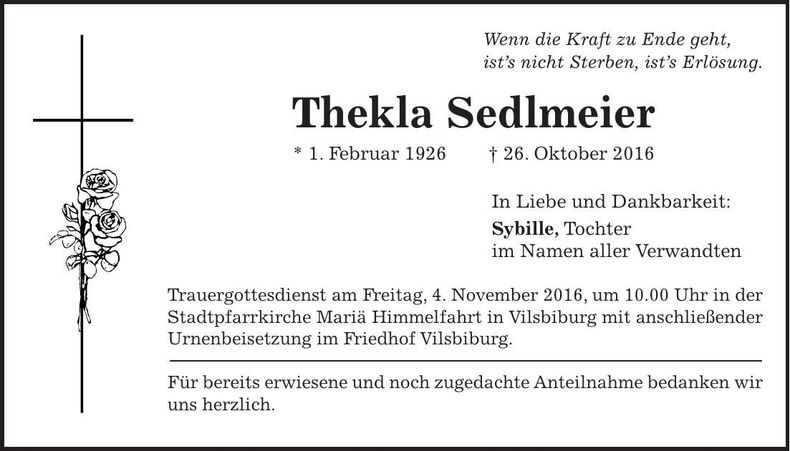 Traueranzeige Thekla Sedlmeier