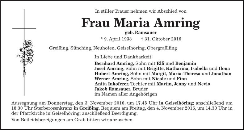 Traueranzeige Maria Amring
