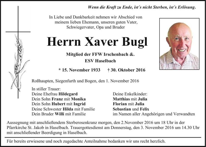 Traueranzeige Xaver Bugl