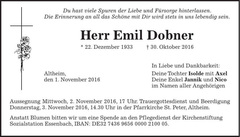 Traueranzeige Emil Dobner