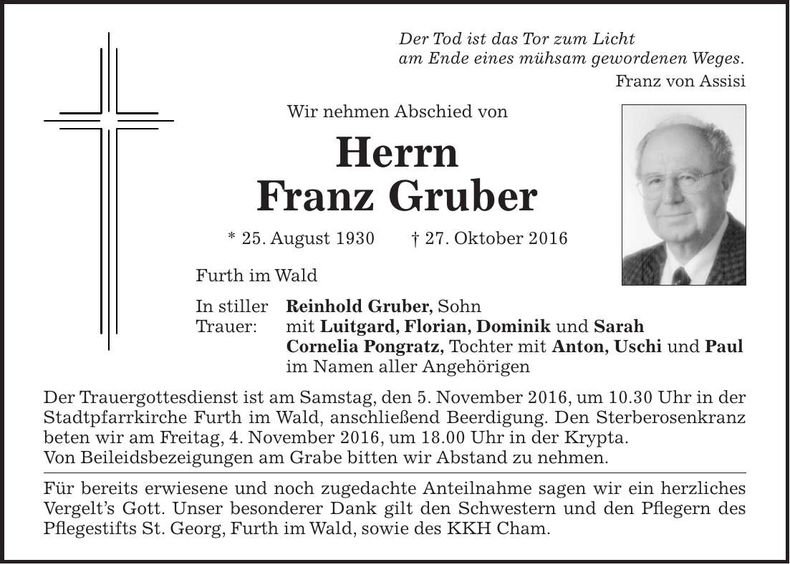 Traueranzeige Franz Gruber