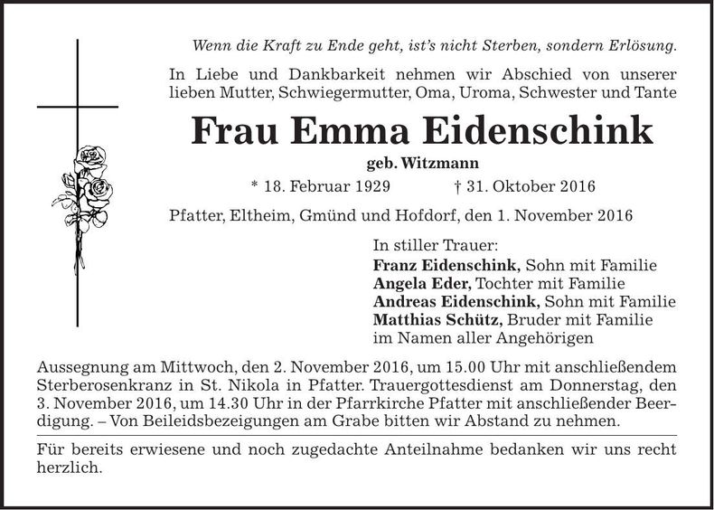 Traueranzeige Emma Eidenschink