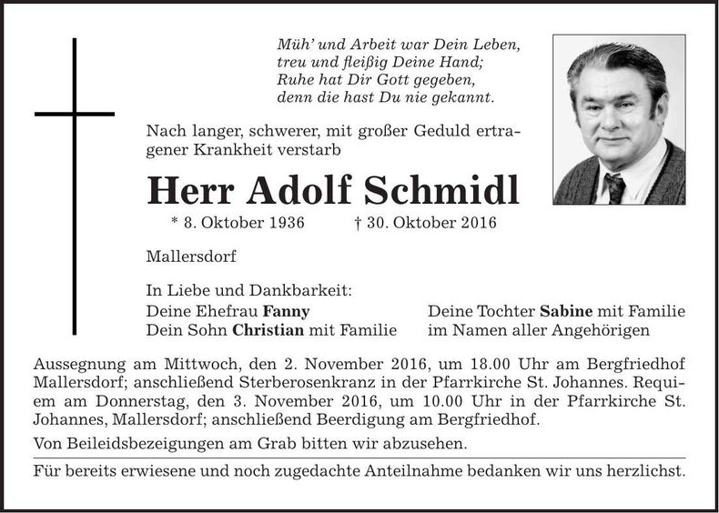 Traueranzeige Adolf Schmidl