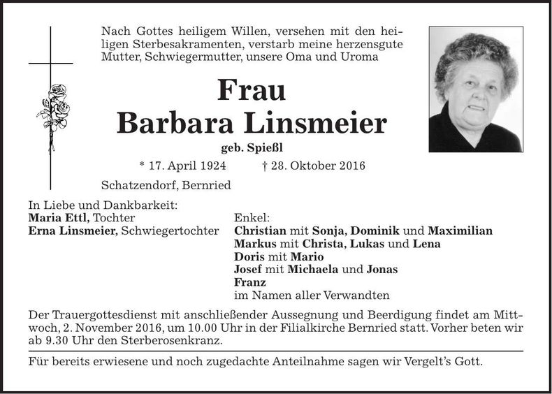 Traueranzeige Barbara Linsmeier