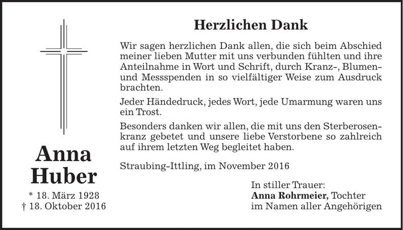 Traueranzeige Anna Huber