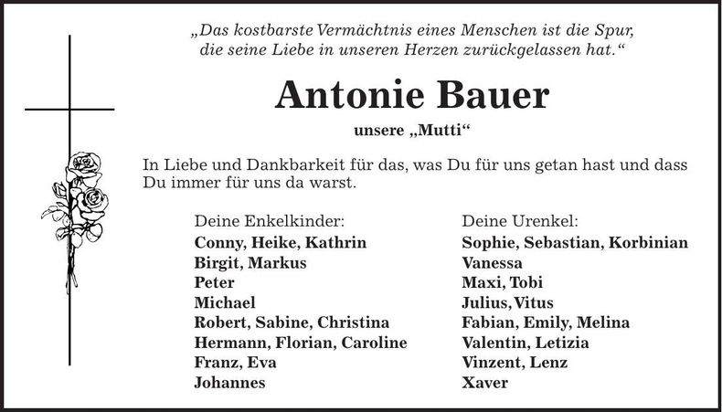 Traueranzeige Antonie Bauer