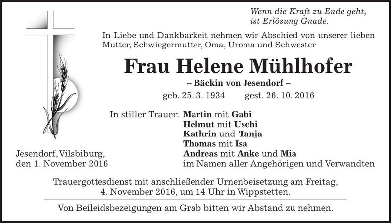 Traueranzeige Helene Mühlhofer