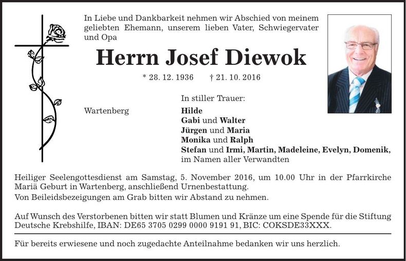 Traueranzeige Josef Diewok
