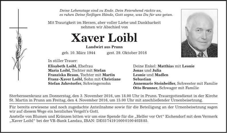 Traueranzeige Xaver Loibl