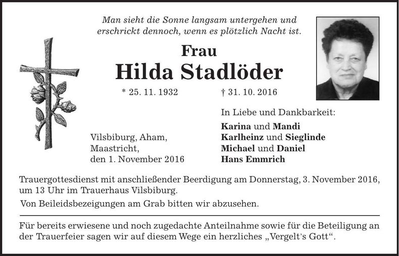 Traueranzeige Hilda Stadlöder