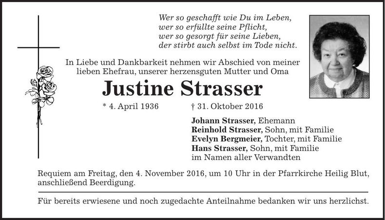 Traueranzeige Justine Strasser