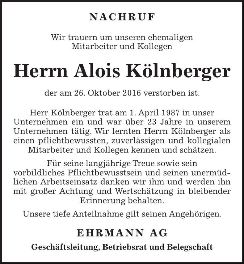 Traueranzeige Alois Kölnberger