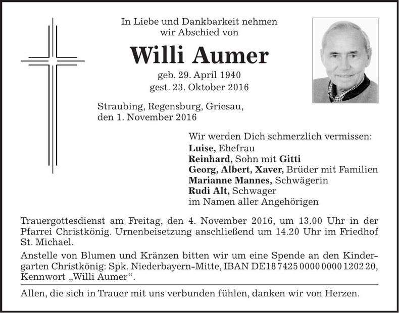 Traueranzeige Willi Aumer