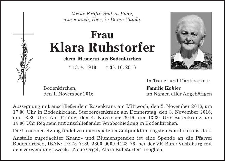 Traueranzeige Klara Ruhstorfer