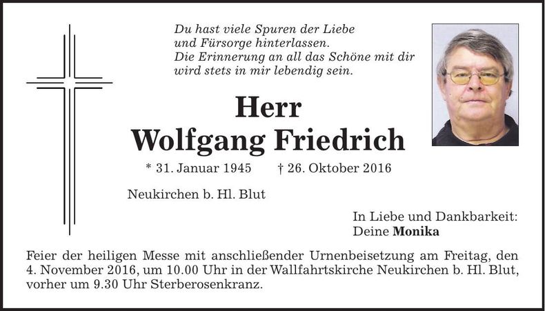 Traueranzeige Wolgang Friedrich