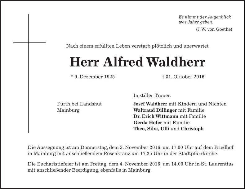 Traueranzeige Alfred Waldherr