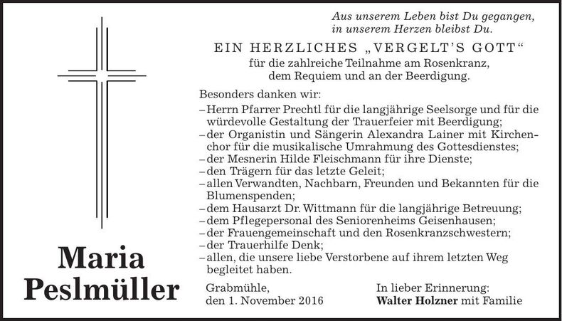 Traueranzeige Maria Peslmüller