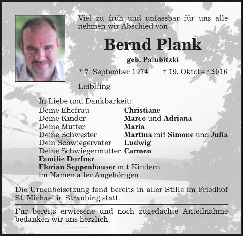Traueranzeige Bernd Plank