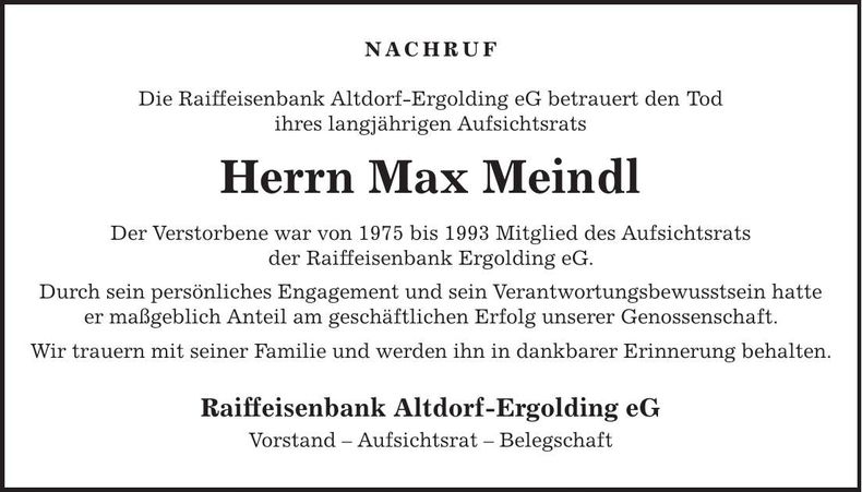 Traueranzeige Max Meindl
