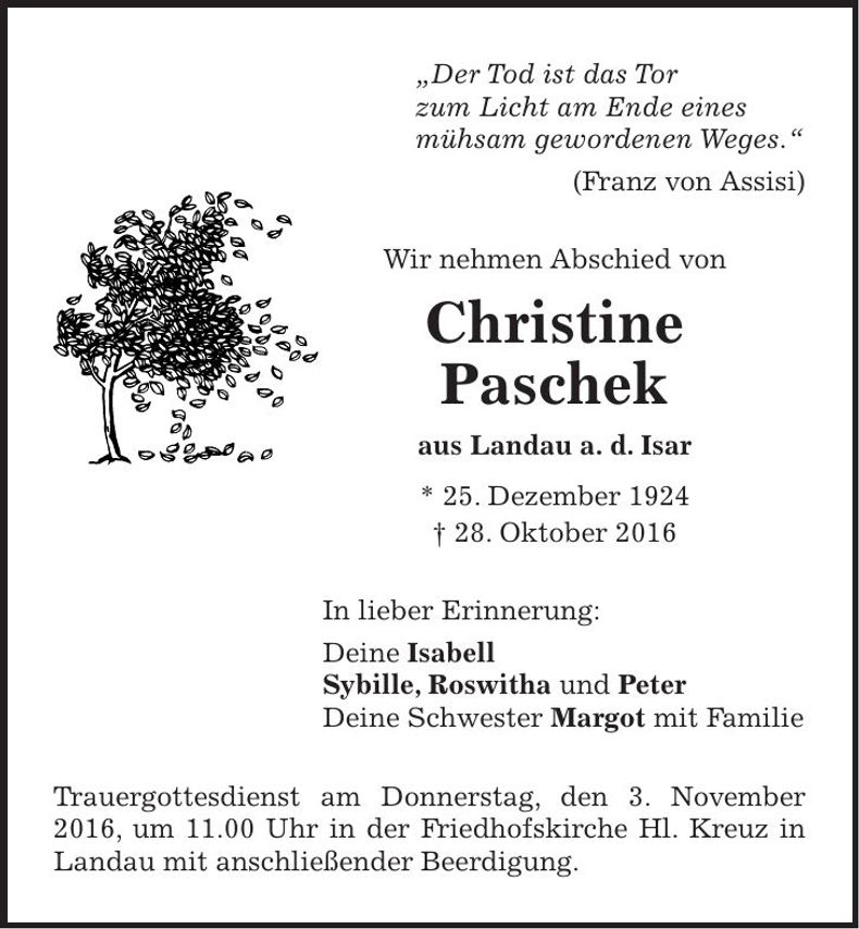 Traueranzeige Christine Paschek