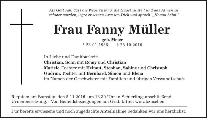 Traueranzeige Fanny Müller