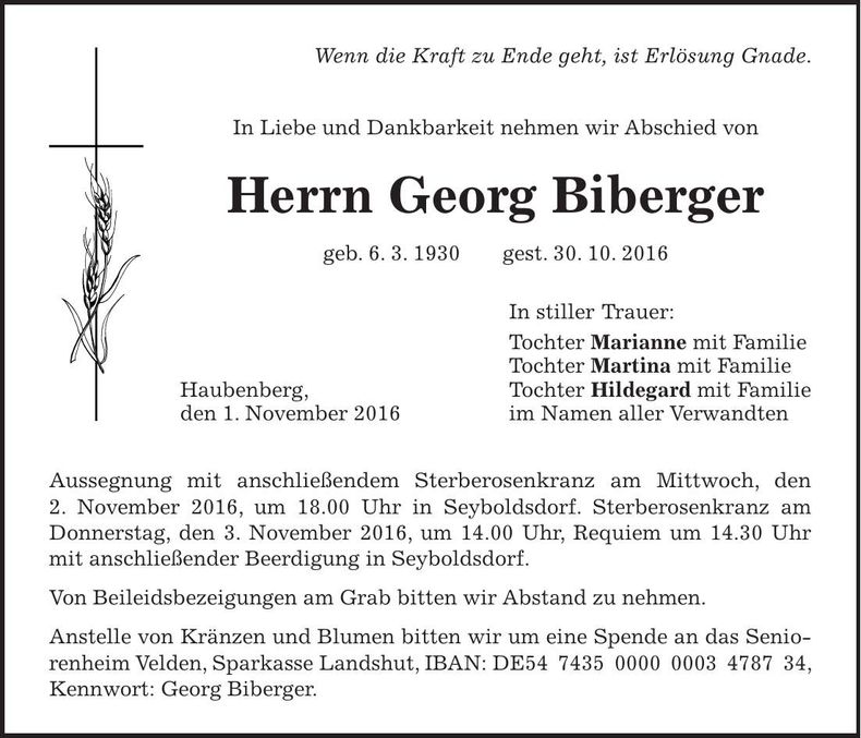 Traueranzeige Georg Biberger