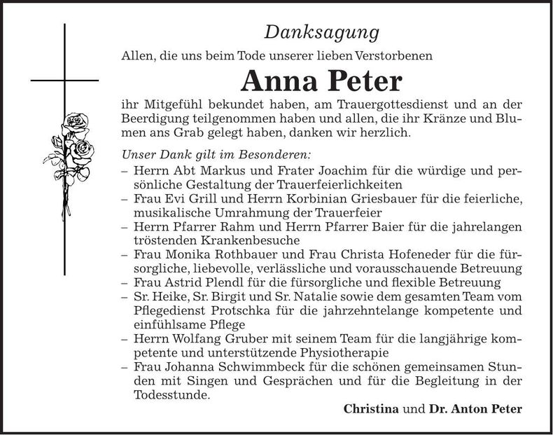 Traueranzeige Anna Peter