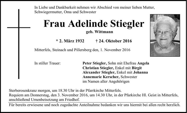 Traueranzeige Adelinde Stiegler