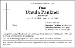 Traueranzeige Ursula Paukner