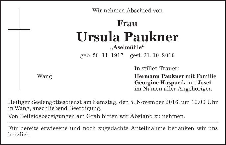 Traueranzeige Ursula Paukner