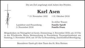 Traueranzeige Karl Asen