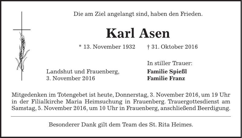 Traueranzeige Karl Asen