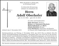 Traueranzeige Adolf Oberhofer