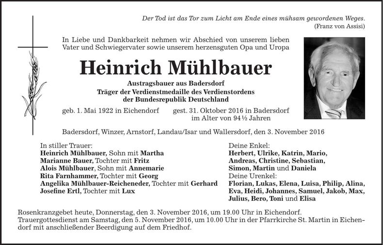 Traueranzeige Heinrich Mühlbauer