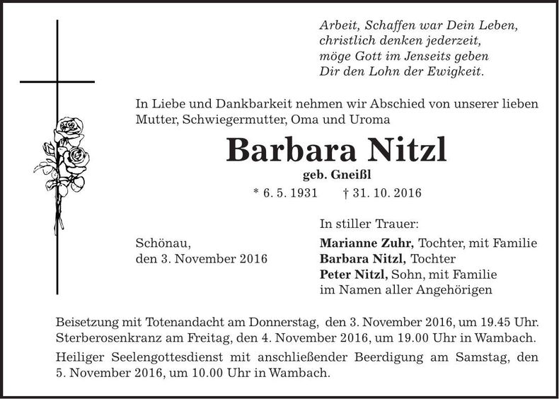 Traueranzeige Barbara Nitzl