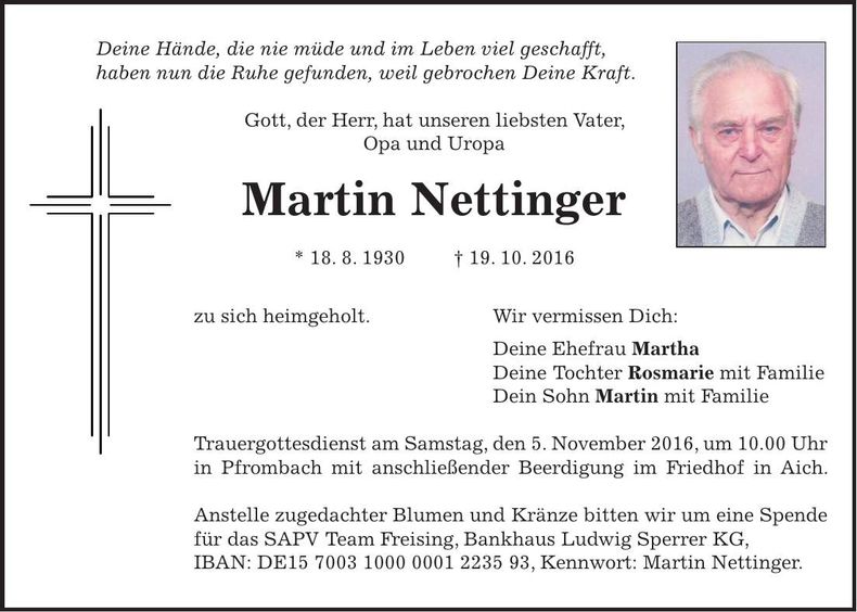 Traueranzeige Martin Nettinger
