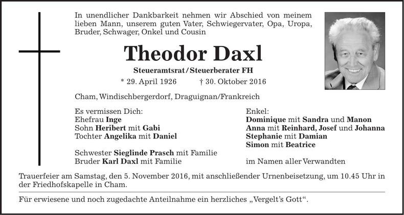 Traueranzeige Theodor Daxl