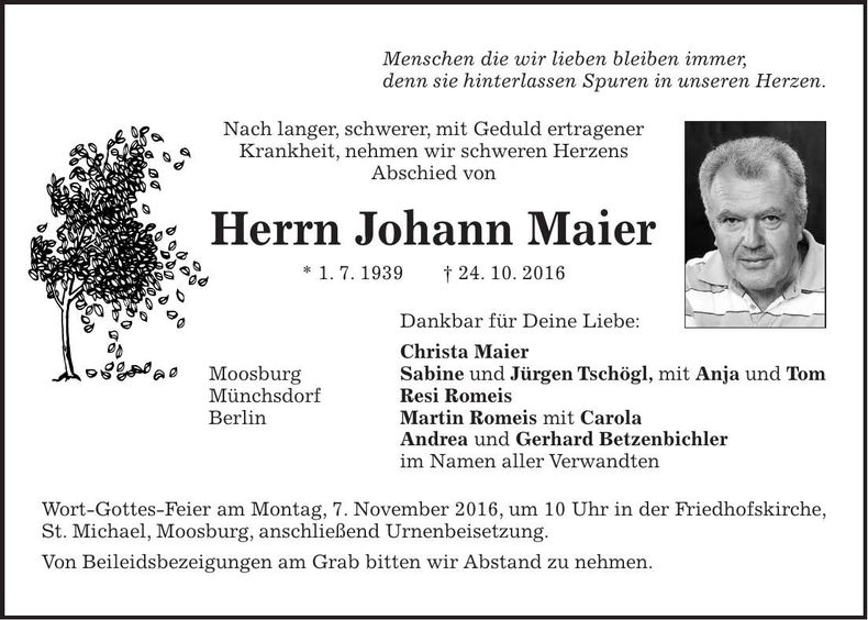 Traueranzeige Johann Maier