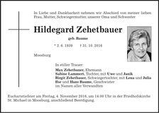 Traueranzeige Hildegard Zehetbauer