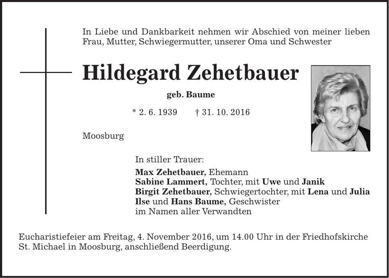 Traueranzeige Hildegard Zehetbauer