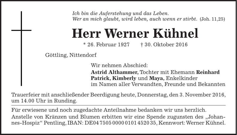 Traueranzeige Werner Kühnel