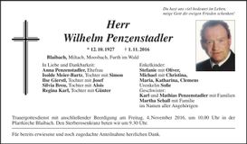 Traueranzeige Wilhelm Penzenstadler