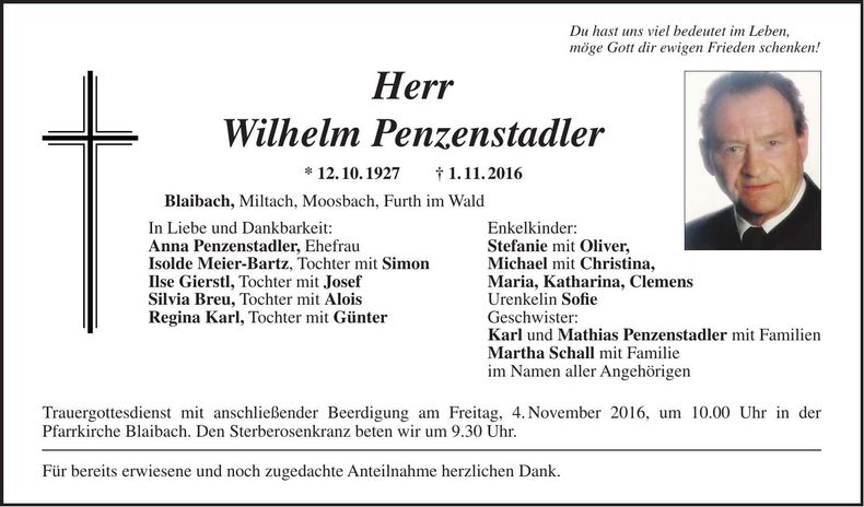 Traueranzeige Wilhelm Penzenstadler