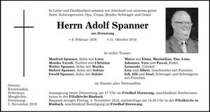 Traueranzeige Adolf Spanner