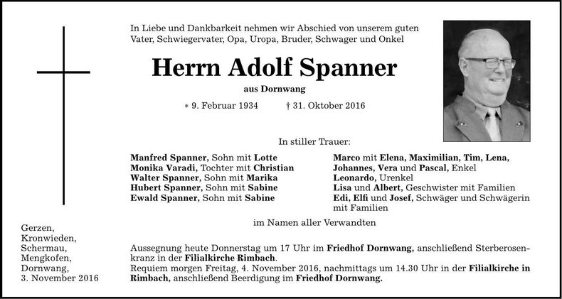 Traueranzeige Adolf Spanner