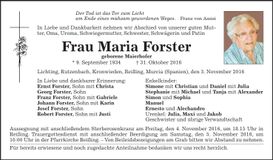 Traueranzeige Maria Forster