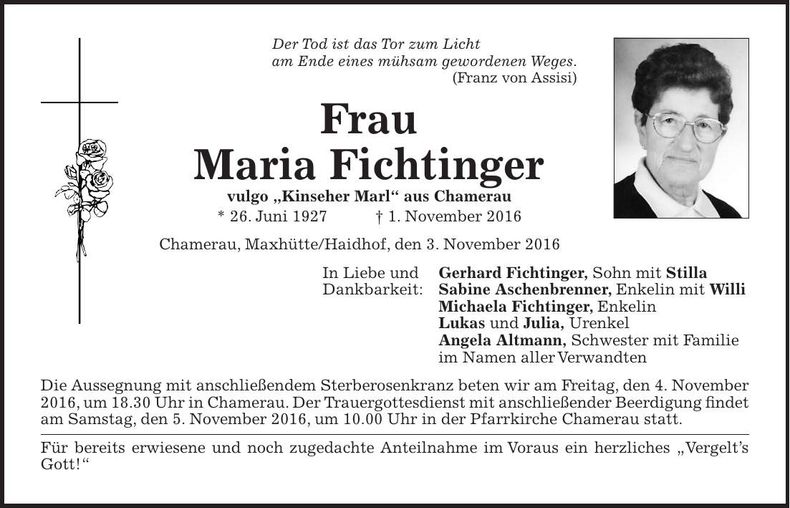 Traueranzeige Maria Fichtinger