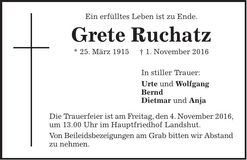 Traueranzeige Grete Ruchatz