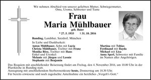 Traueranzeige Maria Mühlbauer