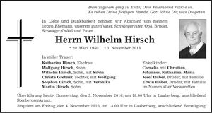 Traueranzeige Wilhelm Hirsch